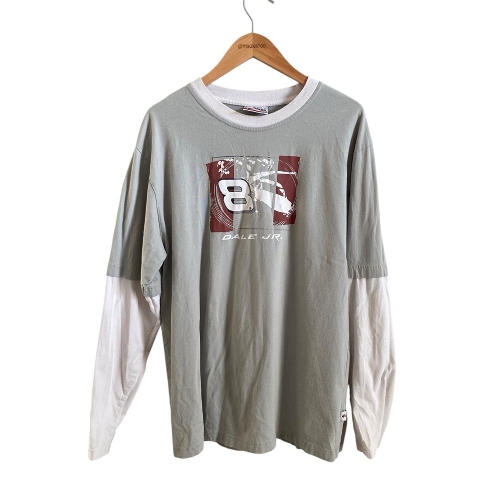 Vintage Green and White Long Sleeve Dale Earnhardt Jr Budweiser Tee Size Large